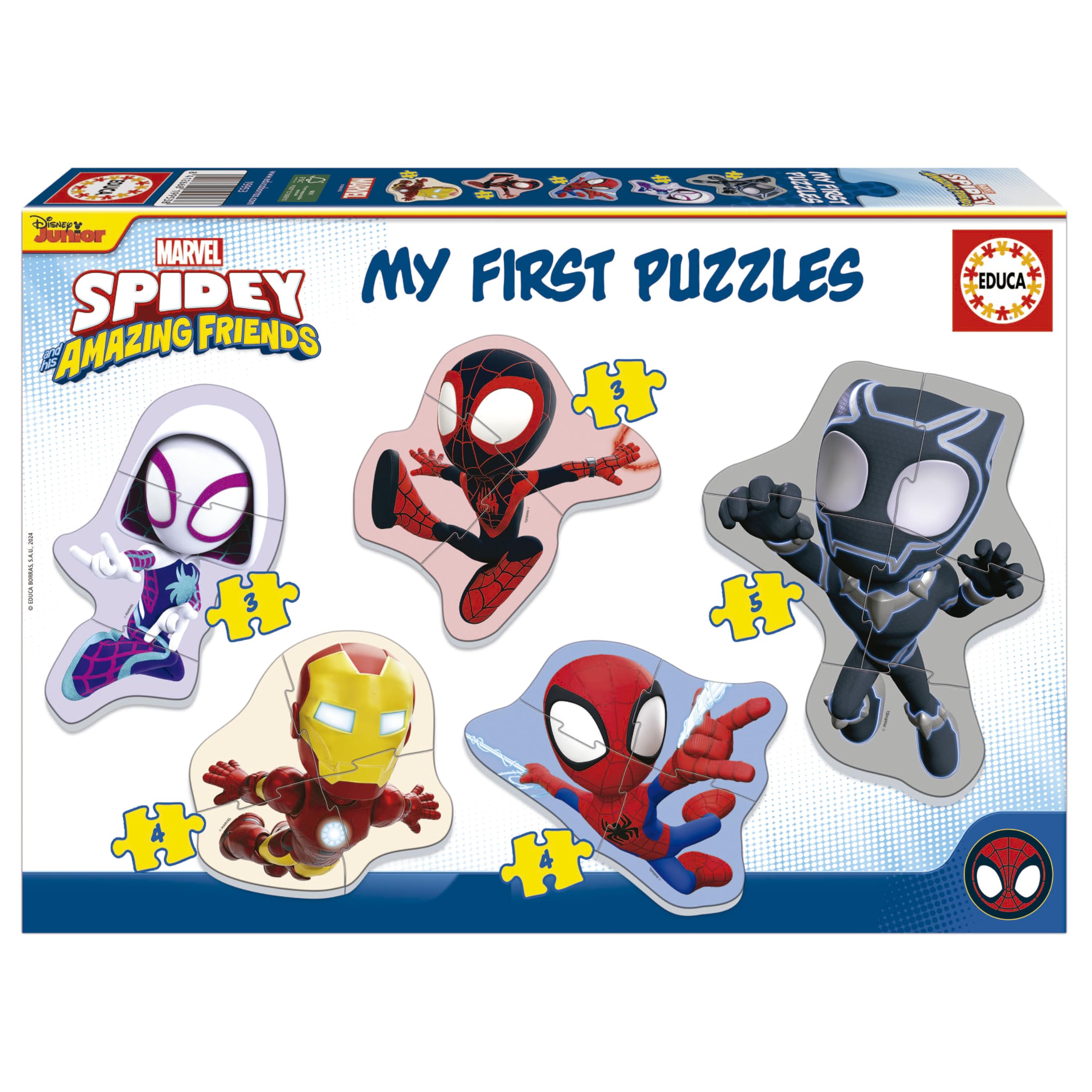 Educa - My First Puzzles Spidey | Set de 5 Baby Puzzles progresivos de 3 a 5 Piezas para Aprender con Diferentes Niveles de dificultad a Medida Que Crecen. Recomendados a Partir de 24 Meses (19952)