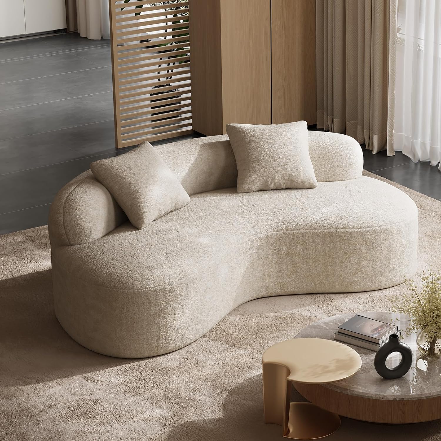 79" Curved Loveseat Sofa Modern Brown Cloud Couch Curved Couches for Living Room Boneless Deep Seat Cloud Sofa Boucle Loveseat Fluffy Plush Chenille Love Seat with 2 Pillows, Light Brown