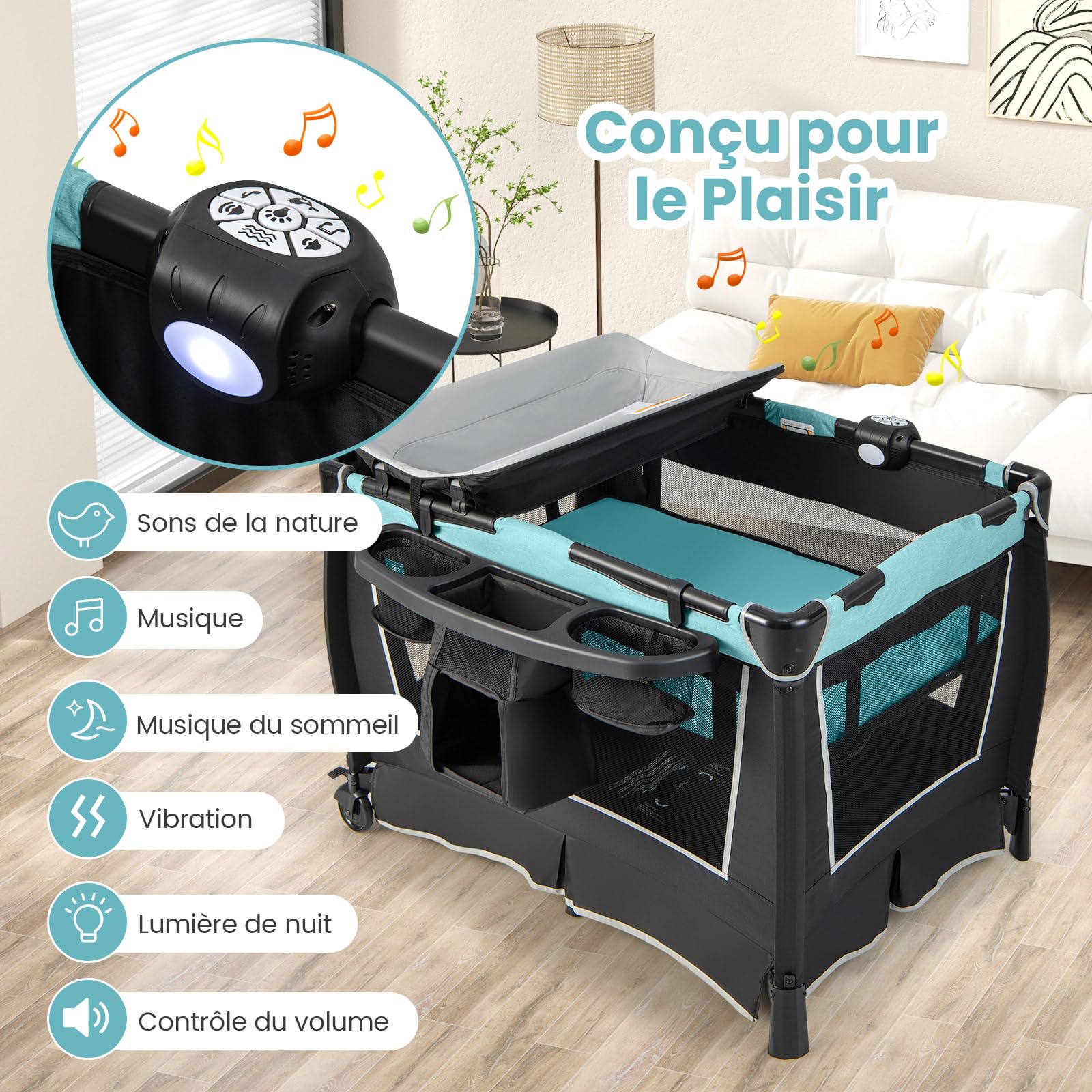 DREAMADE 6 en 1 Lit Parapluie Bébé 105x72x74CM avec Matelas Lit de Voyage Tout-Petites 0-3 Ans avec Porte-Couche&Table à Langer&Roue Verrouillable&Boîte à Musique,Berceau Charge 15KG (Vert)