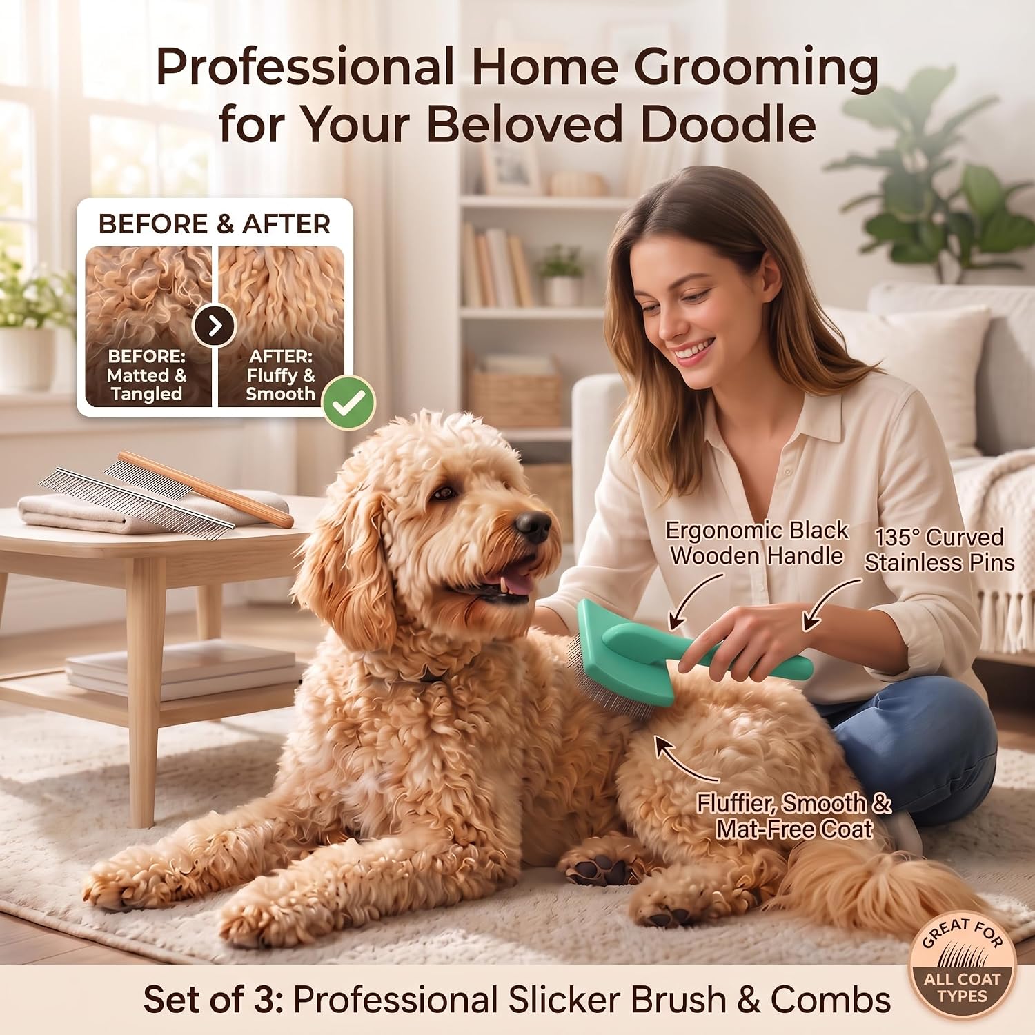 Slicker Brush for Dog, Doodles, Poodles & Long Haired Cats, Green image 3