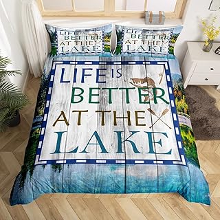 Erosebridal Lake Fishing Bedding Set Queen for Boys Adults Men,Rustic Farmhouse Wooden Board Comforter Cover Life is Better at The Lake Duvet Cover Country Beach Bed Set 2 Pillow Cases Blue Green