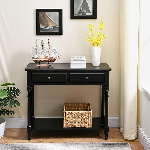 Miniatura 5 de Mesa consola de madera maciza con 2 cajones, mesa de sofá decorativa de 2 niveles de 35.4 x 30 pulgadas con estante de almacenamiento multicapa,