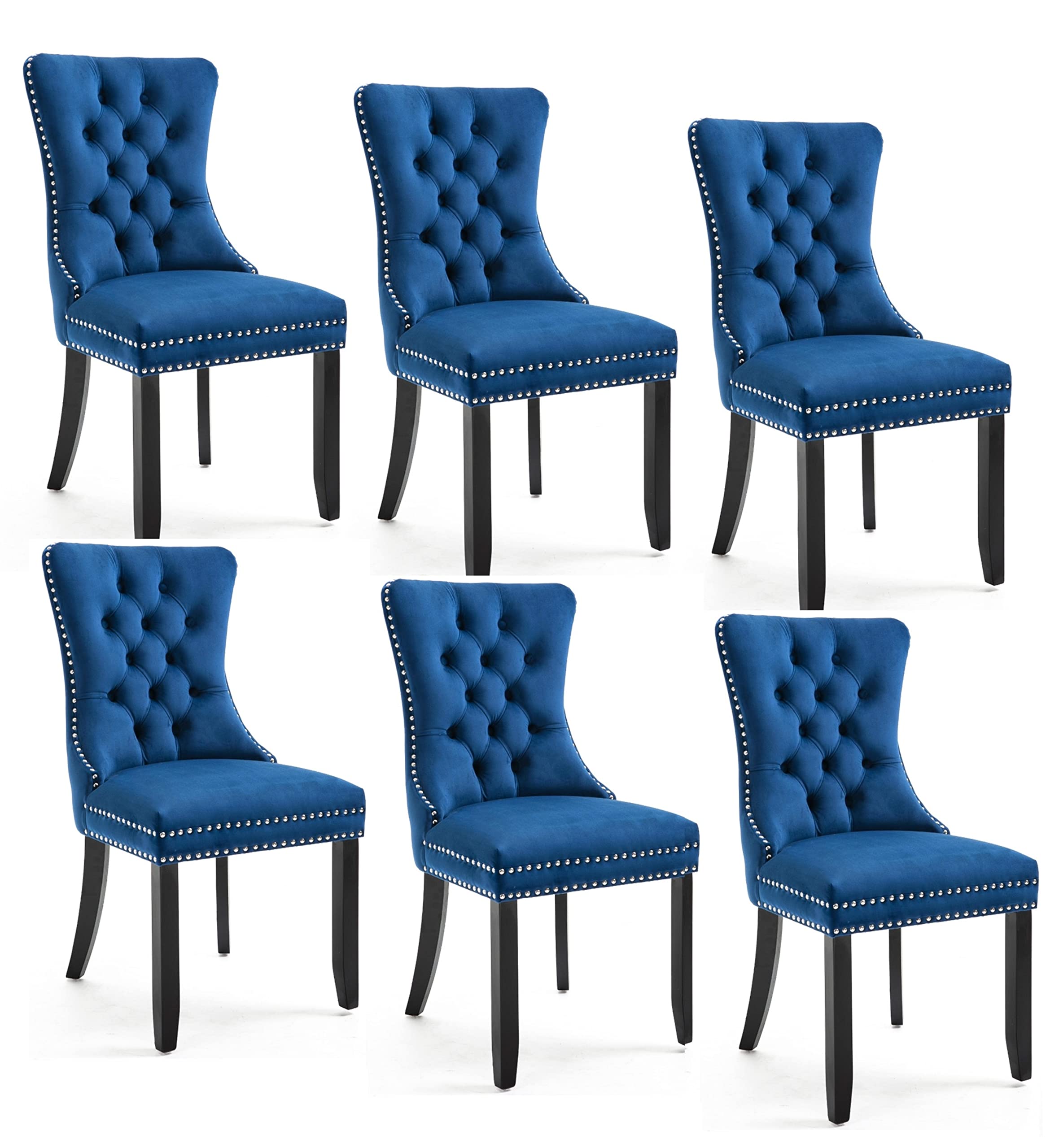 Rhomtree Set of 6 Velvet Fabric Dining Chairs Luxury Tufted Back with Nailed Trim and Back Ring Pull Home Kitchen Dining Room Chairs Armless Side Chairs Solid Rubber Wood Legs (Blue)