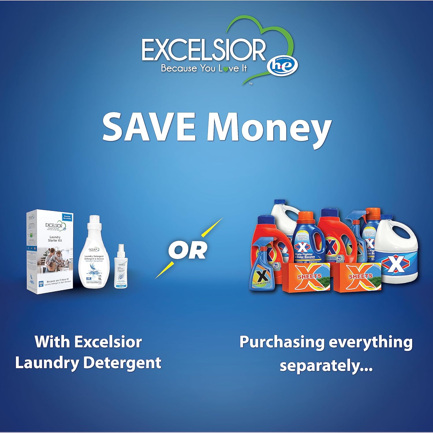 Excelsior - HE Liquid Laundry Detergent with Natural Stain Remover for 66 Loads - Unscented - 1 Liter Eco-friendly Laundry Detergent Starter Pack (1 Pack)