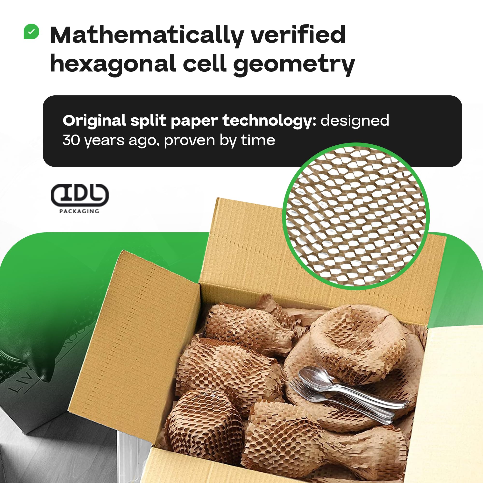 IDL Packaging HexcelWrap Dämpfendes Kraftpapier 38,7 cm x 300 m in Selbstdosierbox - umweltfreundliche Waben-Alternative zu Luftpolsterfolie - innovative Verpackungspapierrolle für Versand und Umzug