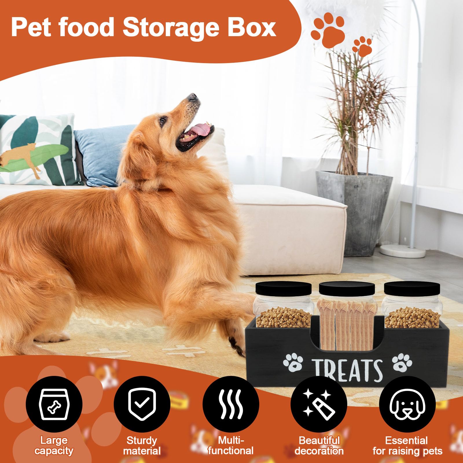 ZJRDYYK Dog Treat Container for Counter, Wooden Dog Food Storage Container, Dogs Treat Jar for Countertop, Farmhouse Practical Pet Cat Dogs Treats Storage Containers (Black)