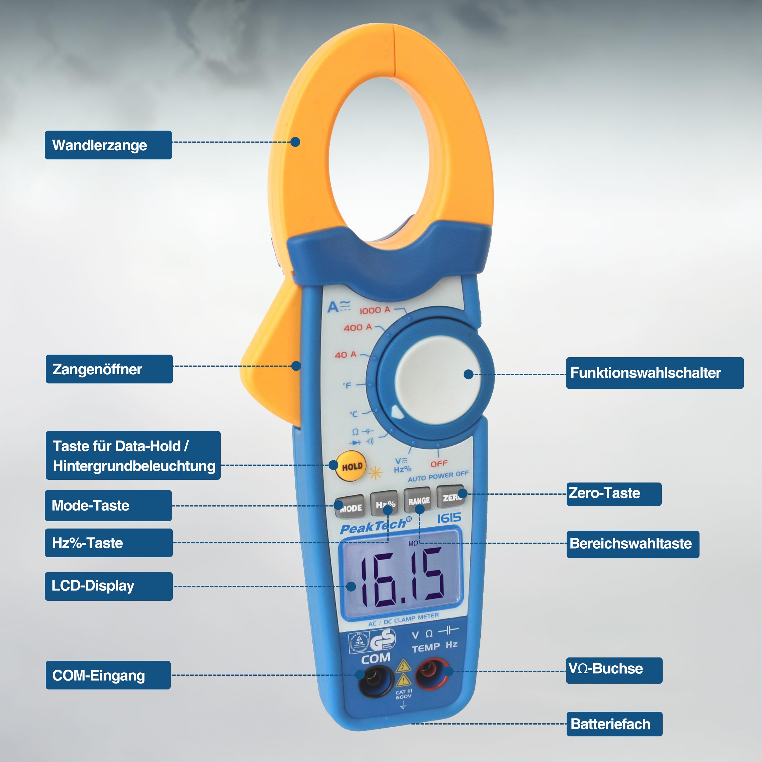 Peaktech P 1615 – Pinza Ac/Dc 1000A, Multimetro a Pinza, Tüv/Gs, Cat Iii, Pinza Amperometrica, 4000 Conteggi, Voltmetro senza Contatto, Amperometro, Tester di Continuità - Max. 600 V