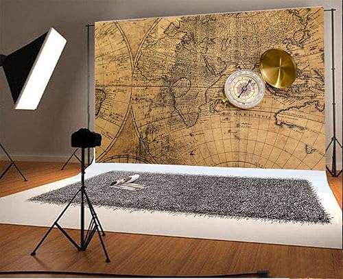 Yeele Fondo de vinilo vintage de 10 x 8 pies, diseño de mapa antiguo, brújula, mapa del mundo antiguo, viajes, náutico, exploración pionera,