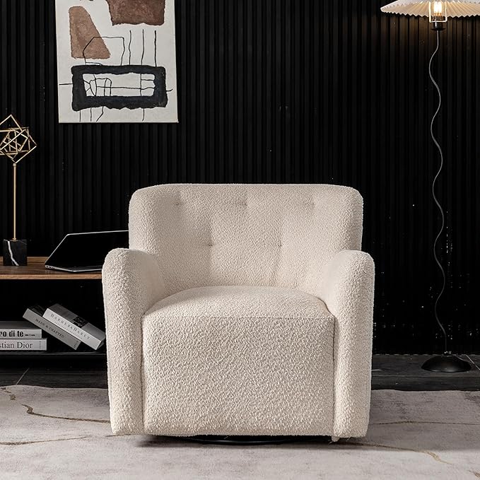 Amazon.com: KINWELL 32.5" W Modern Swivel Chenille Accent Chair Armchair, No Assembly Square Barrel Chair for Living Room Bedroom(Beige) : Home & Kitchen