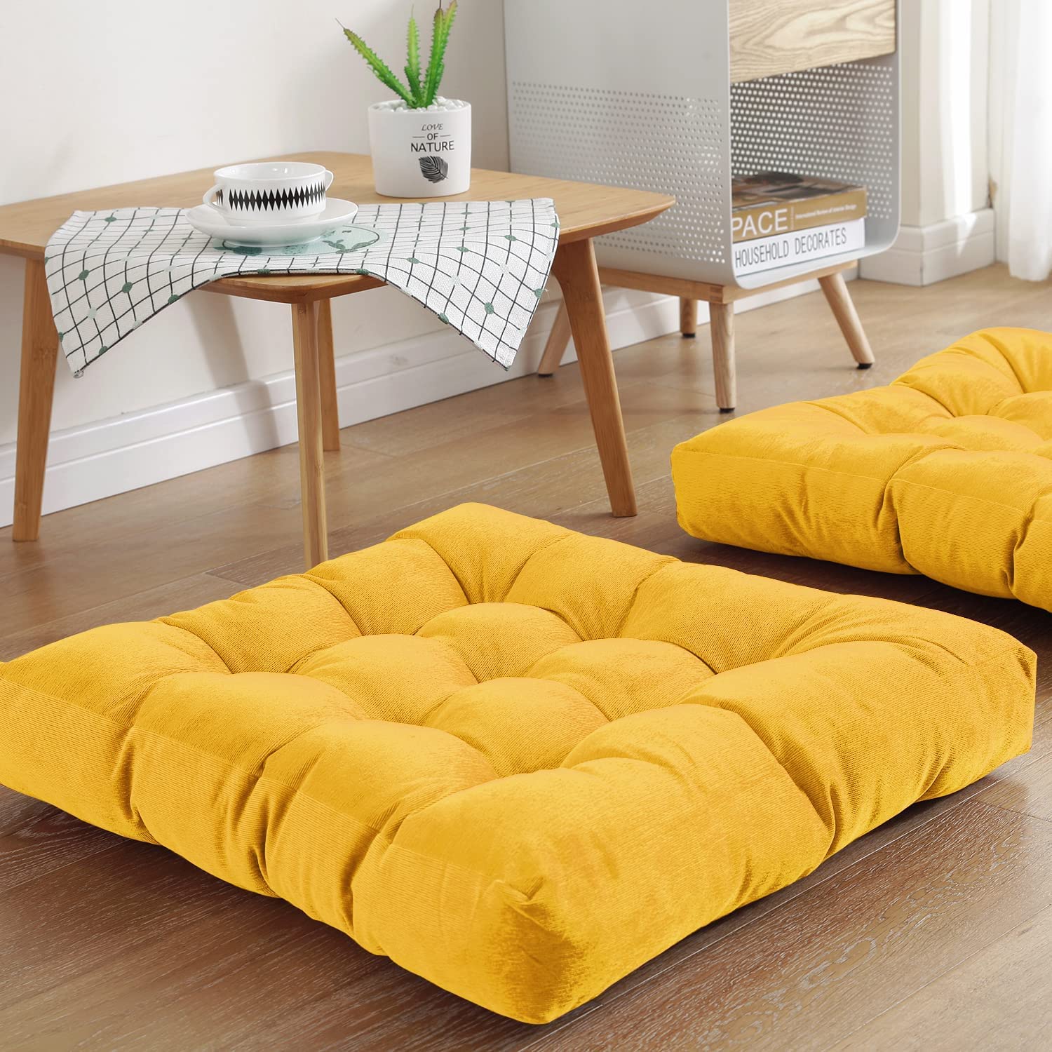 INDIAN DECOR 99308 Square Floor Pillows Cushions Square Chair Cushion Outdoor Seat Pads for Sitting Meditation Yoga Living Room Sofa Balcony 22x22 Inch, Yellow-image-49