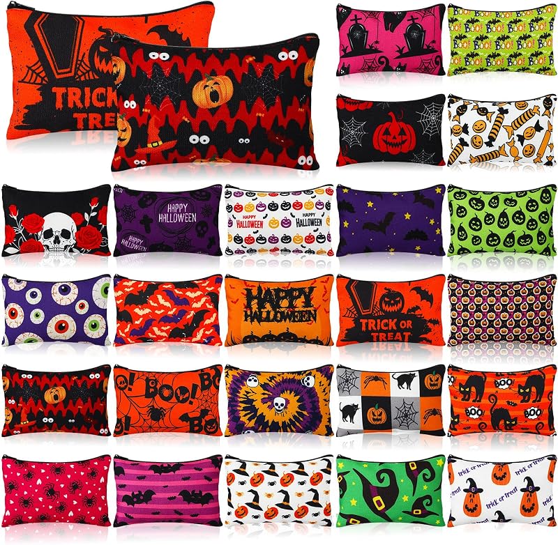 Abbylike Bolsas de maquiagem de lona com estampa de Halloween, Pacote com 24