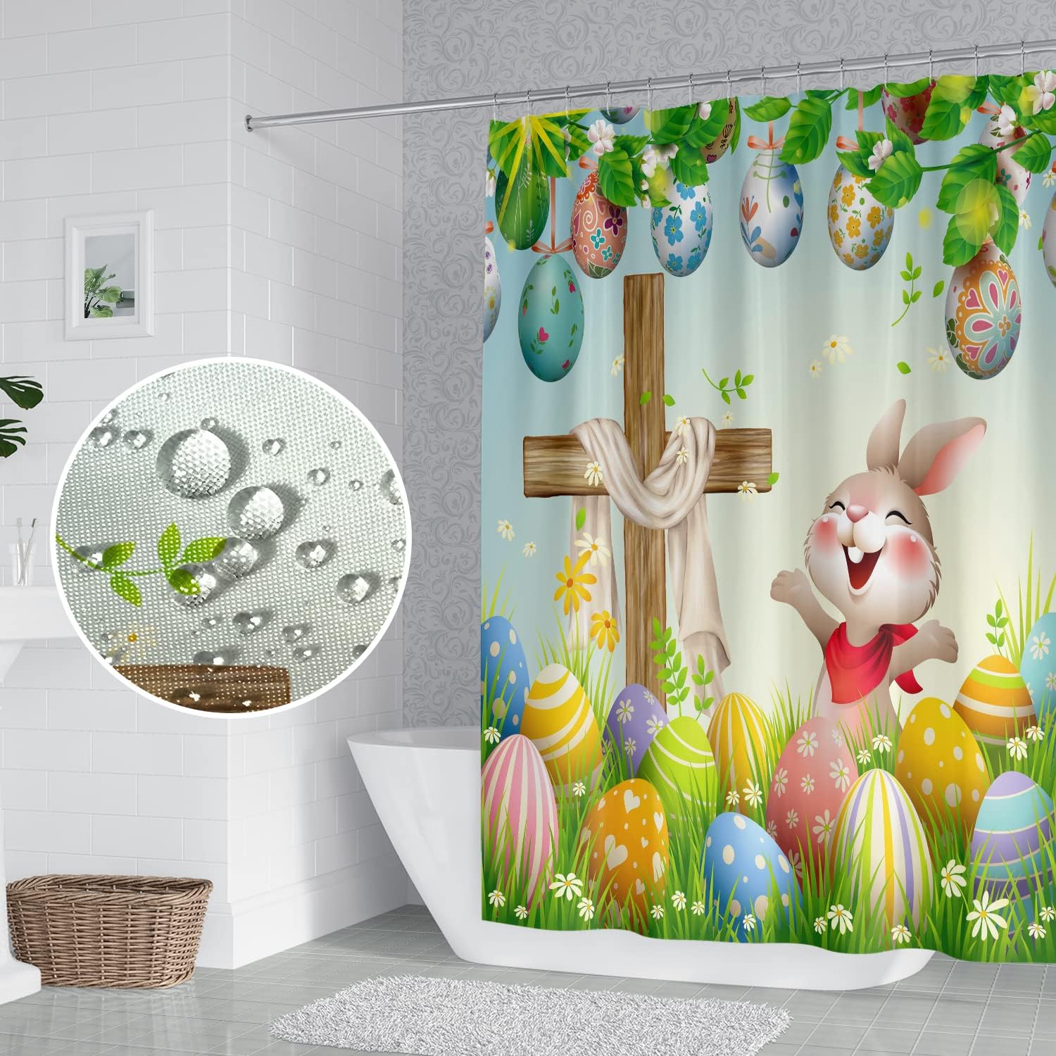 Happy Easter Shower Curtain Wood Cross Cute Rabbit Colorful Eggs Spring Holiday Shower Curtain Decor Home Bathroom Bathtub Curtains Durable Fabric with 12 Hooks, 72x78 Inch