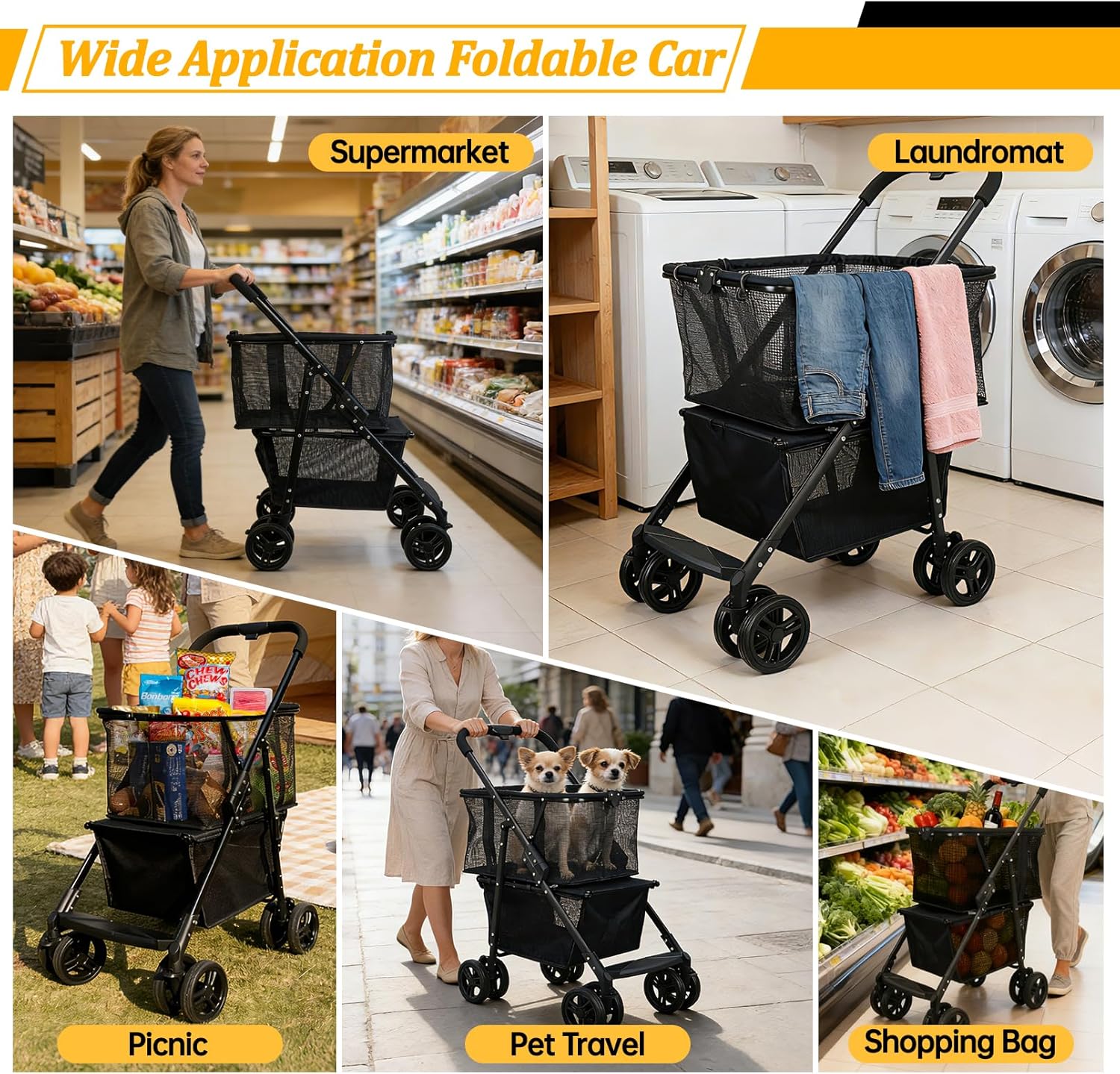 Folding Shopping Cart & Pet，110lbs ，2-in-1 Personal Cart with Removable Basket & Lower Dogs Stroller，Single-Hand Fold, Collapsible Utility Trolley Cart for Groceries, Laundry, Camping & Pet Traveling