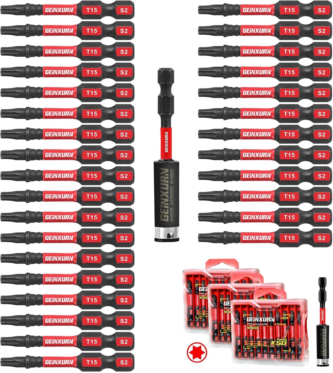 Geinxurn 30Pieces 2 In. T15 Impact Tough Magnetic Screwdriver Bit Set, #15 Torx Head Power Bits, S2 Alloy Steel Star Bits with 1Pc Impact Bit Holder and Storage M-Box