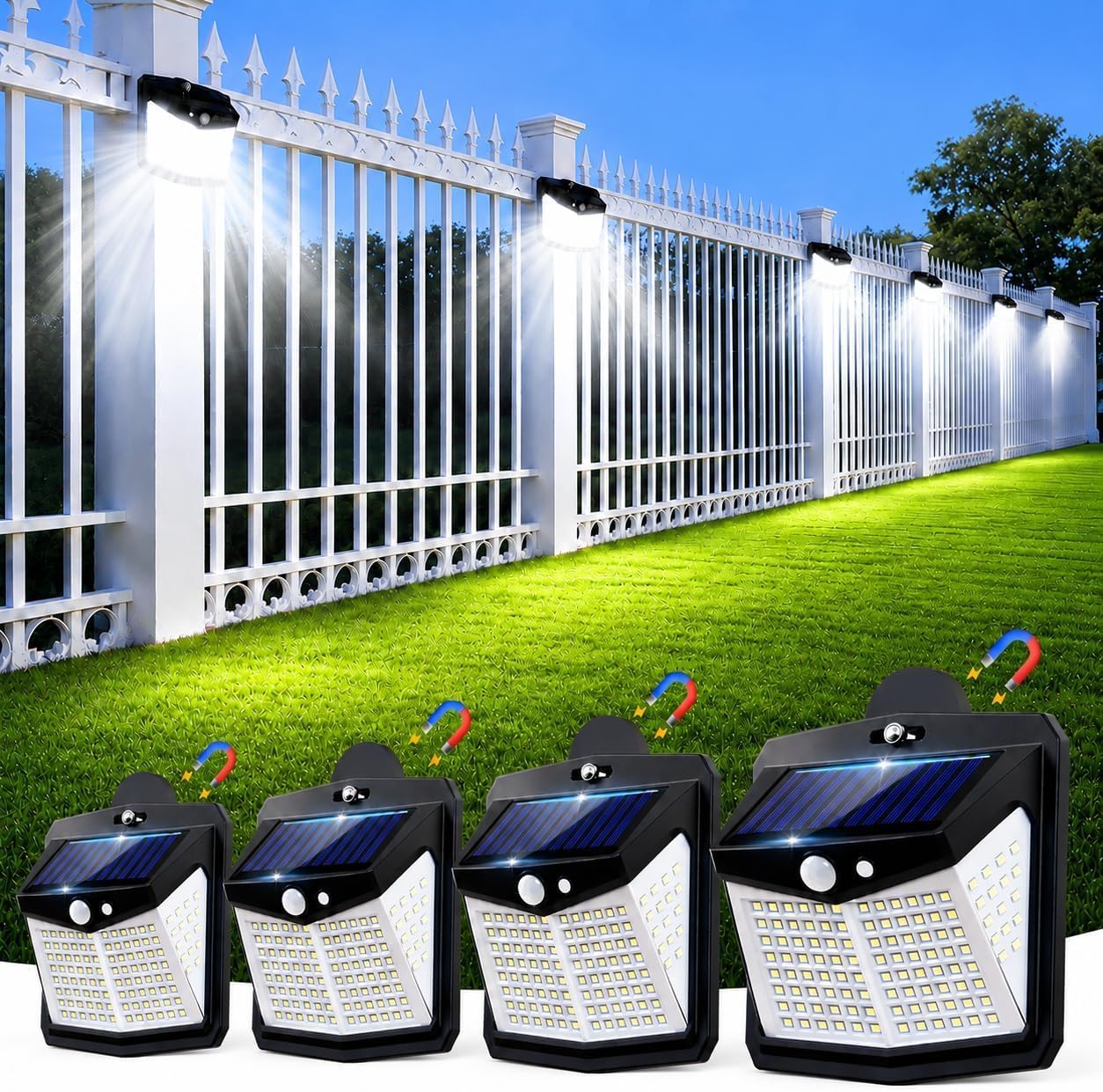 128 LED Magnetic Solar Lights Outdoor, Motion Sensor, 4 Pack