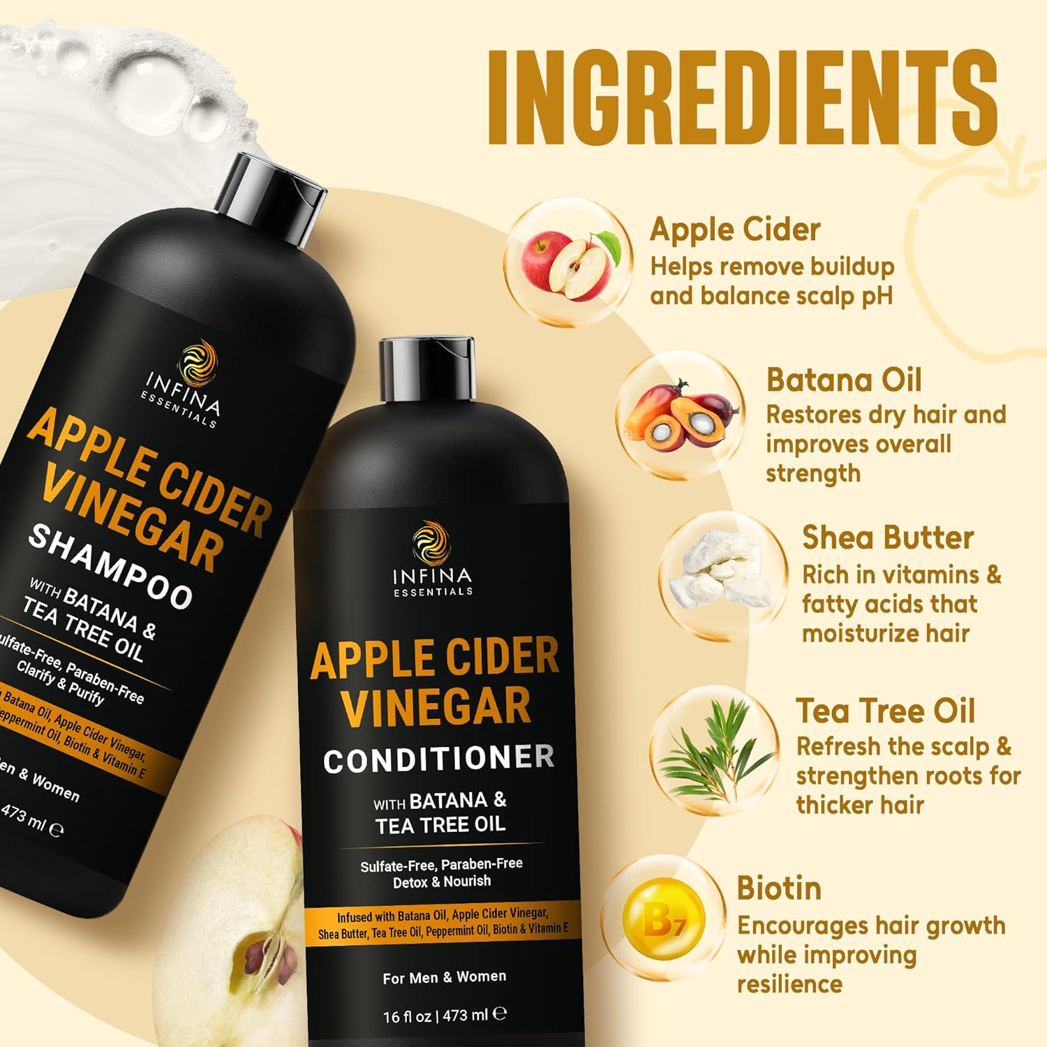 Apple Cider Vinegar Shampoo and Conditioner Set | 16 fl oz Each | with Batana Oil, Biotin & Tea Tree | Clarifying, Detoxifying & Moisturizing Formula | Promotes Hair Growth & Shine - Image 4