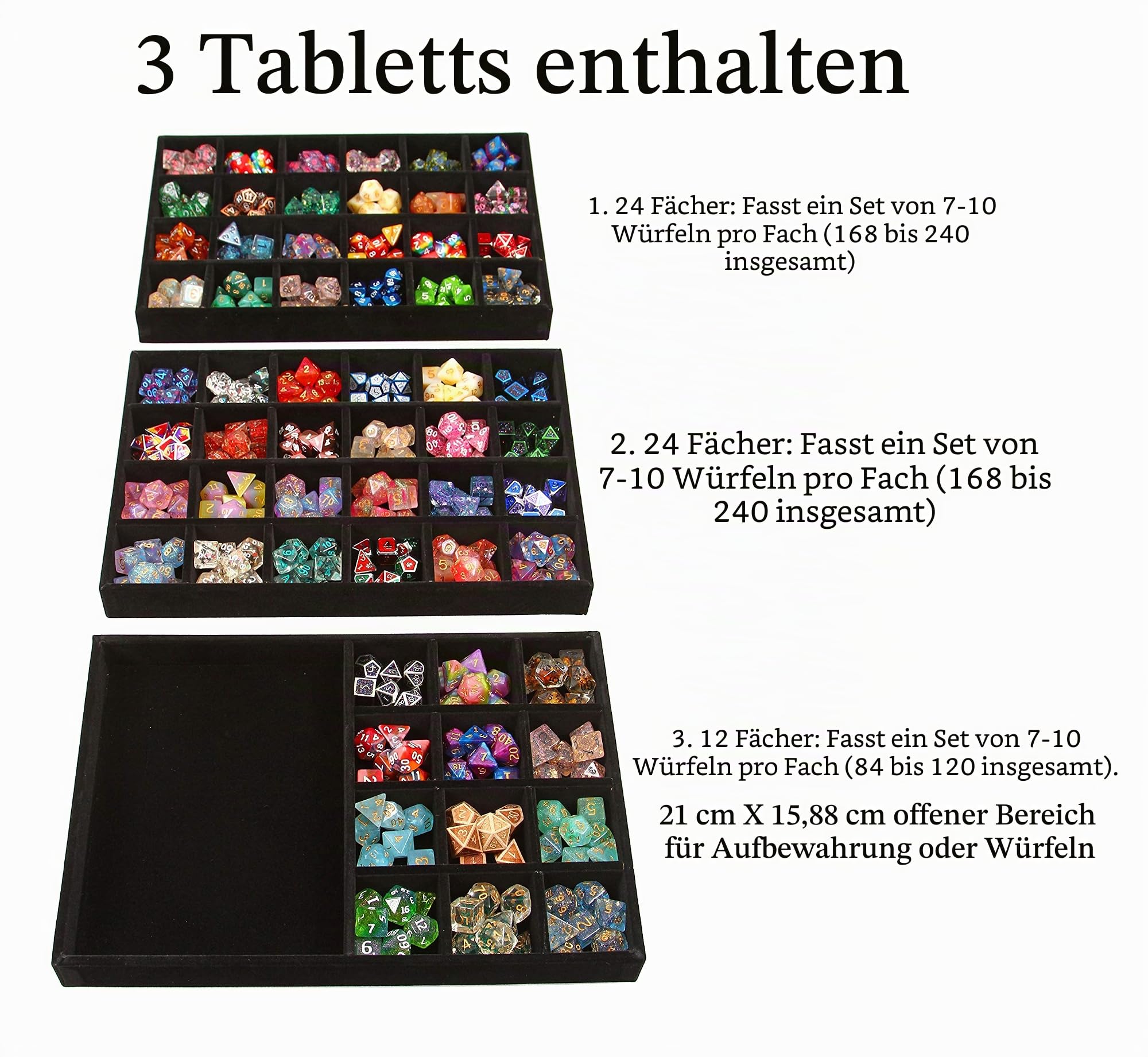 Forged Dice Co. Würfelvitrine und Rolltablett mit 3 herausnehmbaren geteilten Würfelablagen – Aufbewahrungsbox für bis zu 720 polyedrische Würfelsets aus Metall oder Kunststoff – ideal für