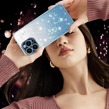 対応Huawei Mate 50 Pro キラキラ花柄 ショルダーストラップ付き 薄型TPUソフト 耐衝撃 レディーススマホケース ワイヤレス充電対応 おしゃれ かわいい クリア ブルー