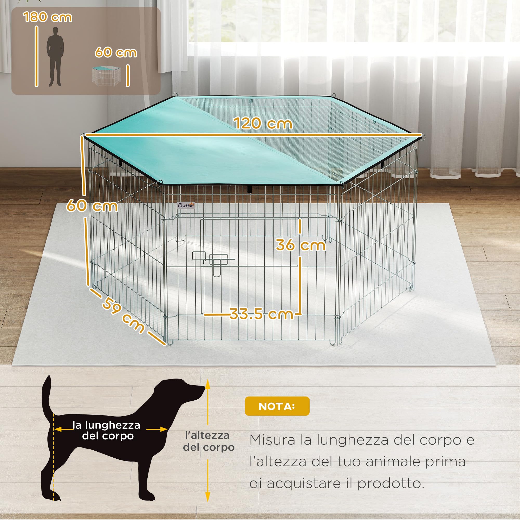 PawHut Recinto Pieghevole per Cani e Cuccioli in Filo Metallico (120cm x 60cm) con Copertura in Poliestere Impermeabile