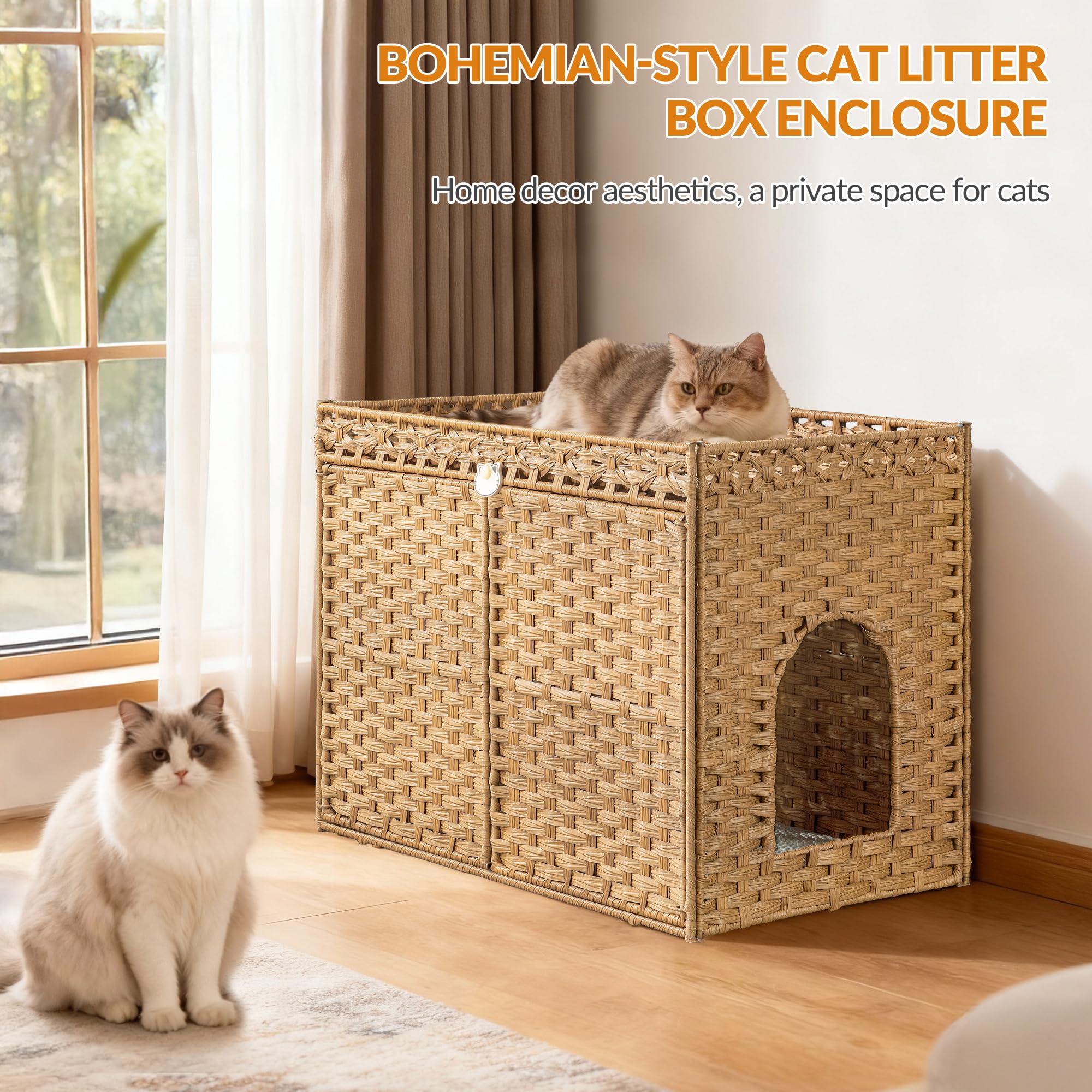 Mobile Lettiera per Gatti in Rattan Intrecciata a Mano, Naturale | Casetta per Gatti con Tappetino e 2 Ganci a Forma di S, Mobile Nascosto per Lettiera, Soggiorno, 77x46,5x55 cm EFPCB001RN1