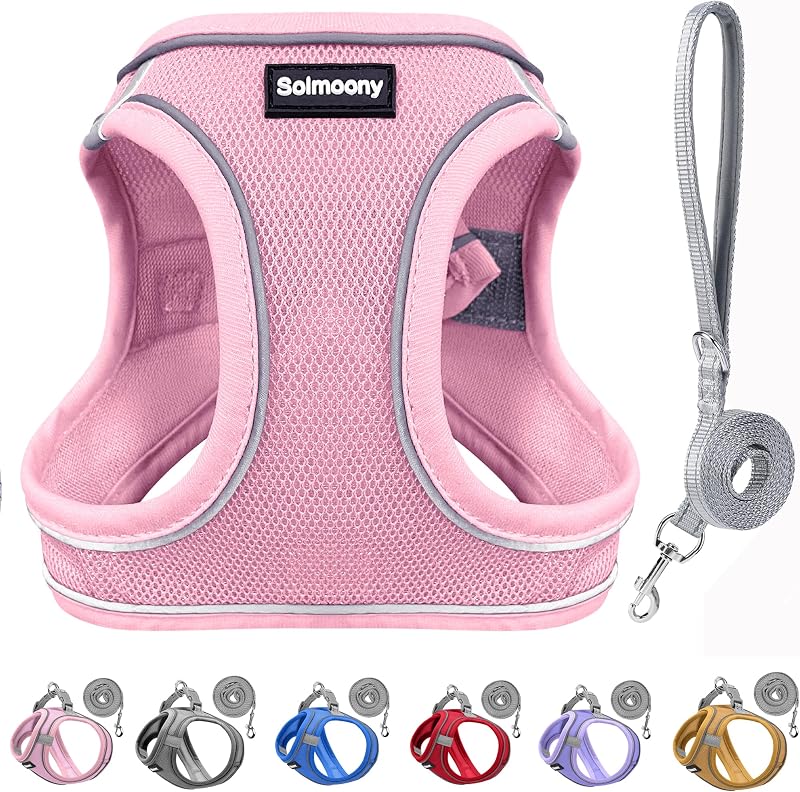 Peitoral Vest com Guia para Cães e Gatos, Mesh Respirável com Detalhes Refletivos SOLMOONY Rosa XS