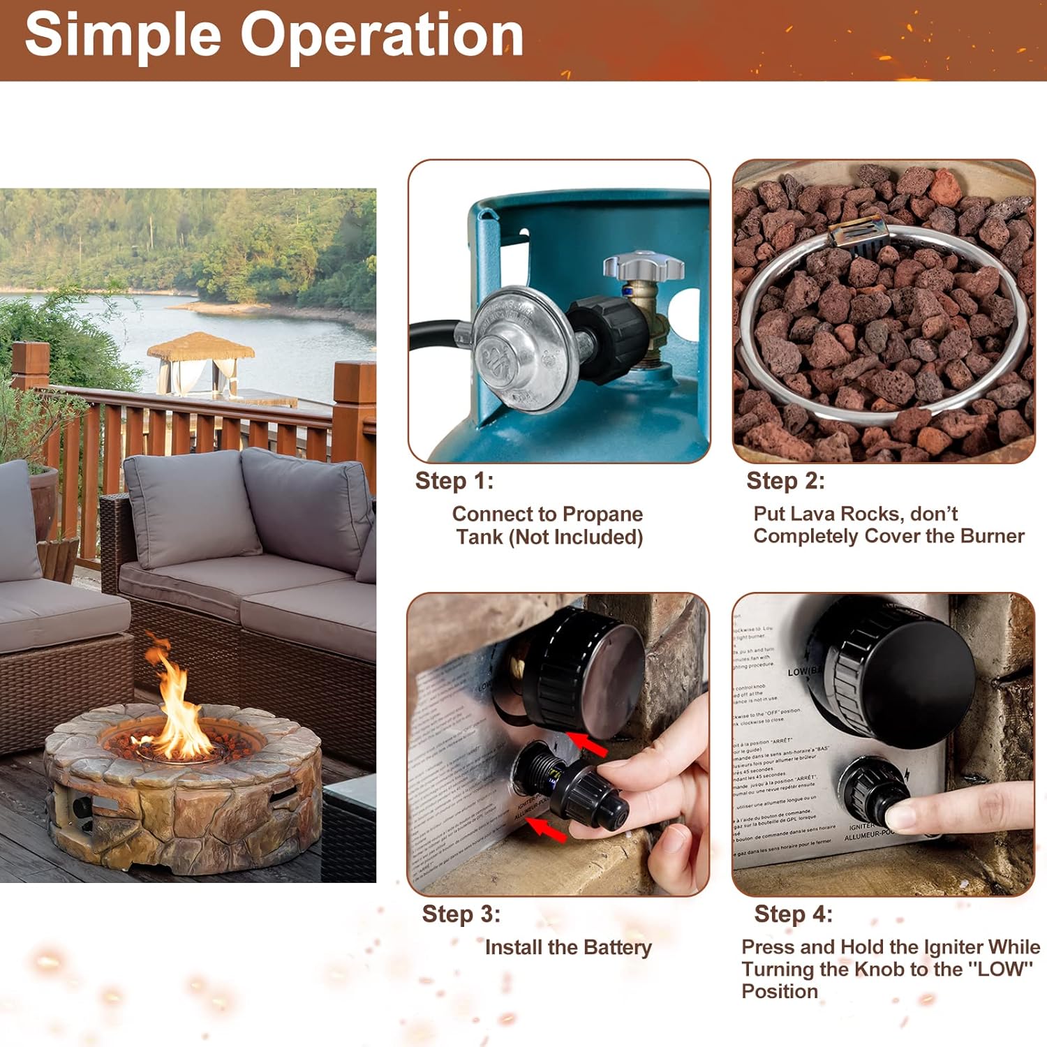 Tangkula 28 Inch Round Propane Gas Fire Pit, Patiojoy 40,000 BTU Stone Look Outdoor Propane Fire Pit with Lava Rocks & PVC Cover, Faux Stone Gas Fire Pit Table for Patio, Courtyard, Garden (Brown)