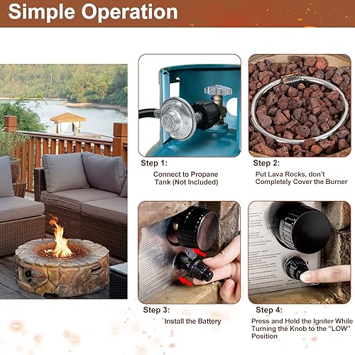 Miniatura 6 de S AFSTAR Piedra de gas propano de 40,000 BTU, quemador de gas para exteriores con rocas de lava de encendido electrónico, cubierta de pozo