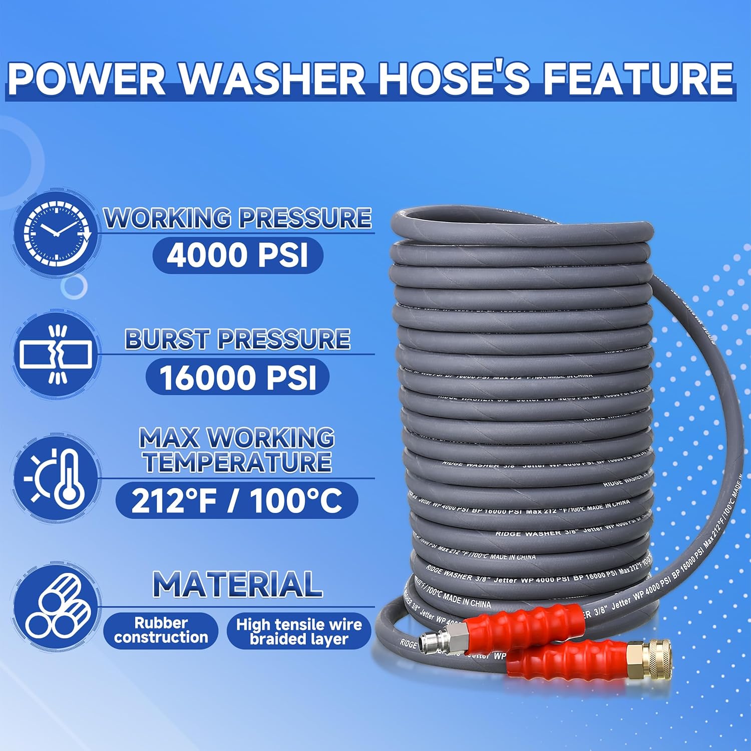 RIDGE WASHER Pressure Washer Gauge with 3/8 Inch Quick Connect Socket and Plug, Pressure Washer Hose 100 Feet X 3/8 Inch for Hot and Cold Water