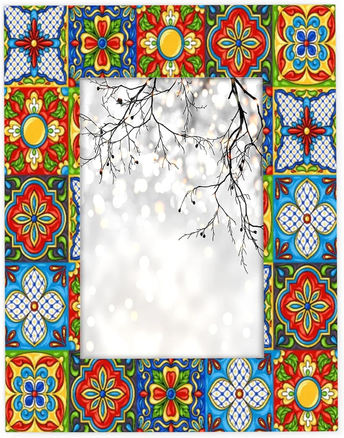 Mexican Ethnic Colorful Floral Plaid 5x7 Picture Frame, Solid Wood 5x7 Photo Frame Fits to 5x7 inch Photos, High Definition Acrylic 5x7 Picture Frames for Tabletop & Wall Display Home Decor Frame