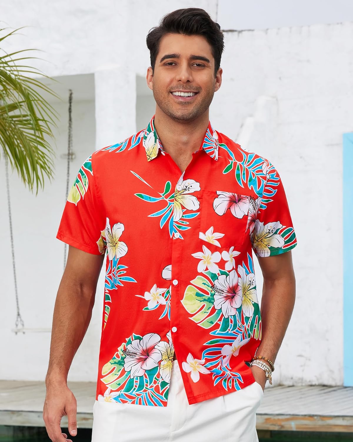 Men's Hawaiian Shirts Short Sleeve Tropical Shirt for Men Button Down Shirts Summer Aloha Beach Shirt (red Print Tropical Flower, 2XL) - Image 2