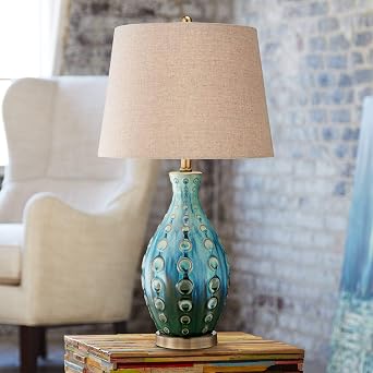 360 Lighting Mid Century Modern Vase-Shaped Table Lamp 26.5" High Textured Glaze Teal Green Hand-Made Ceramic Tan Linen Drum Shade for Living Room Bedroom House Bedside Home Color May Vary