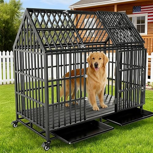 Miniatura 6 de Jaula para perros indestructible de 54 pulgadas, jaula de acero a prueba de escapes para perros grandes y gigantes, alta ansiedad, doble puerta para