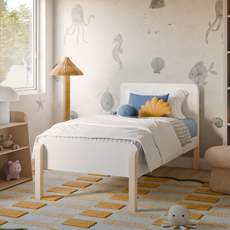 Babyletto Kids Tiptoe Twin Bed in White and Washed Natural | GREENGUARD Gold Certified Kids Twin Bed - Wooden Bed Frame w/ Universal Mattress Fit - No Box Spring Needed