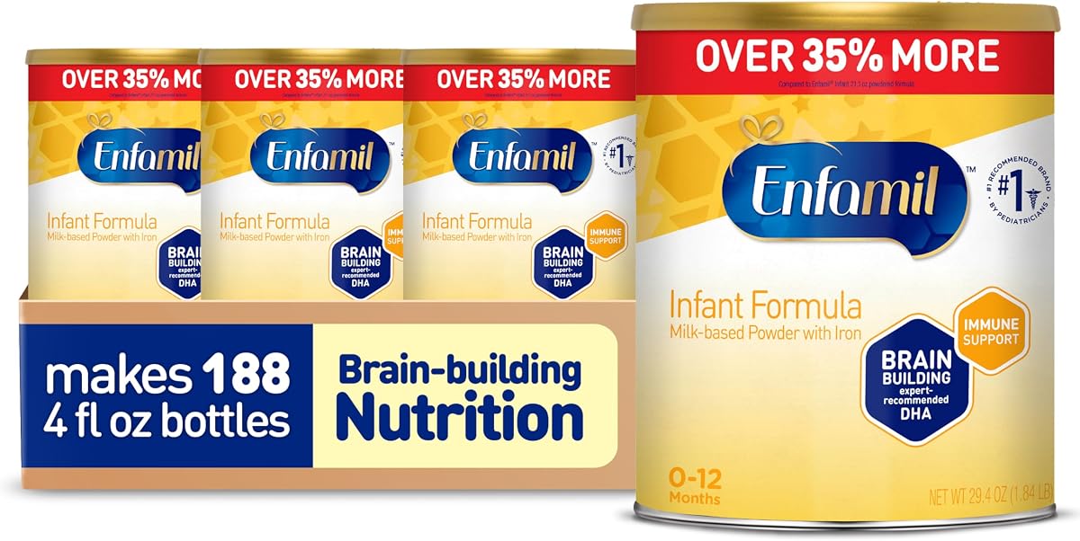 Fórmula infantil Enfamil, fórmula para bebés a base de leche con hierro, Omega-3 DHA y colina, lata en polvo, 29.4 oz (paquete de 4)