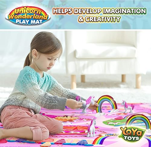 Miniatura 2 de YoYa Toys Alfombra de juego de unicornio – Juego de simulación para niños – 8 piezas de figuras de unicornios y arco iris – Juguete educativo