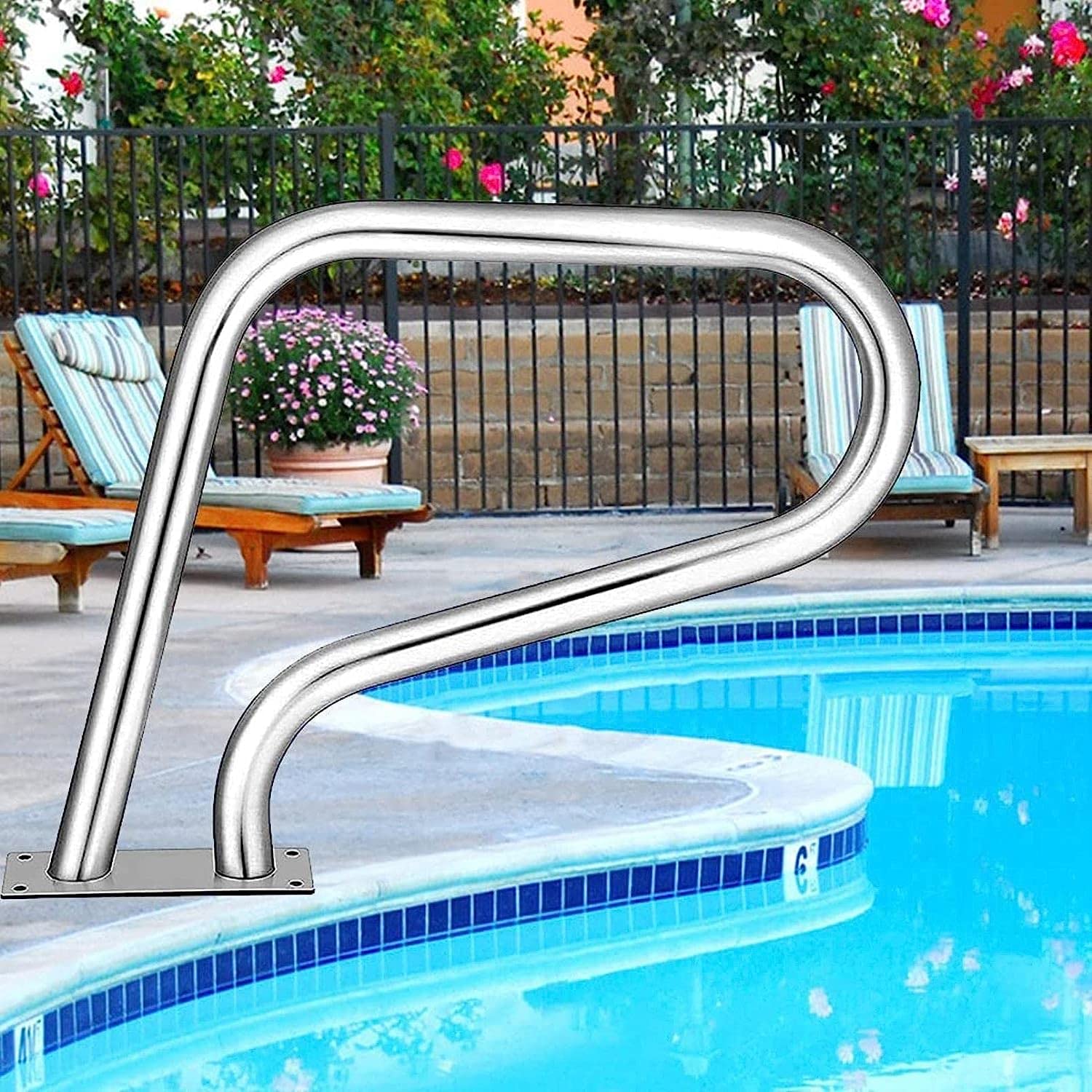 GoodBZ Pool Hand Rail, Easy Mount Hand Grab Rail W/Curved Structure & Complete Mounting Accessories,304 Stainless Steel Swimming Pool Stair Rail W/Base Plate(1PCS) (thickness: 1.5mm)