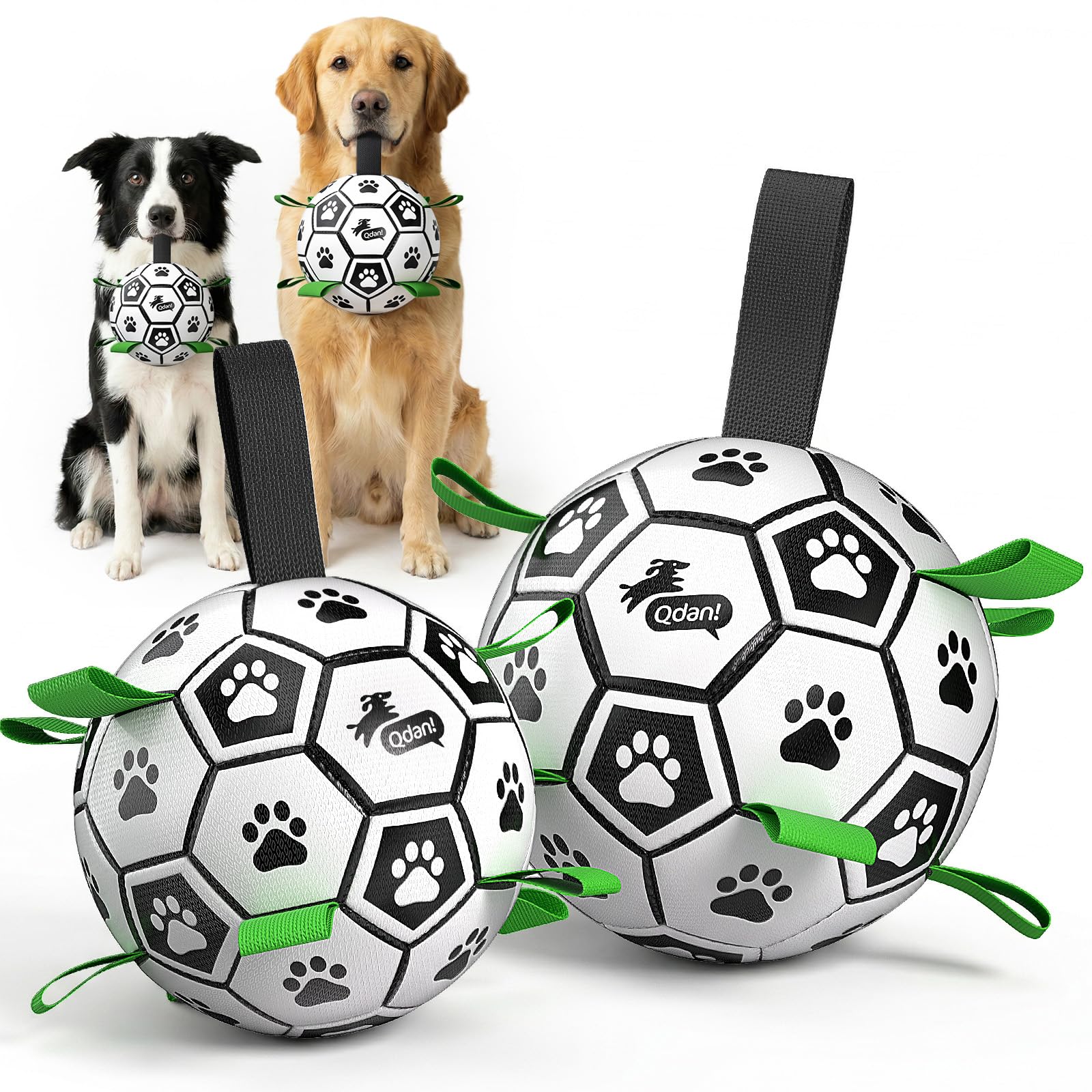 QDAN 2 PCS Dog Toys Soccer Ball Set with Straps, Interactive Dog Toys for Tug of War, Puppy Birthday Gifts, Dog Water Toy, Durable Dog Balls for