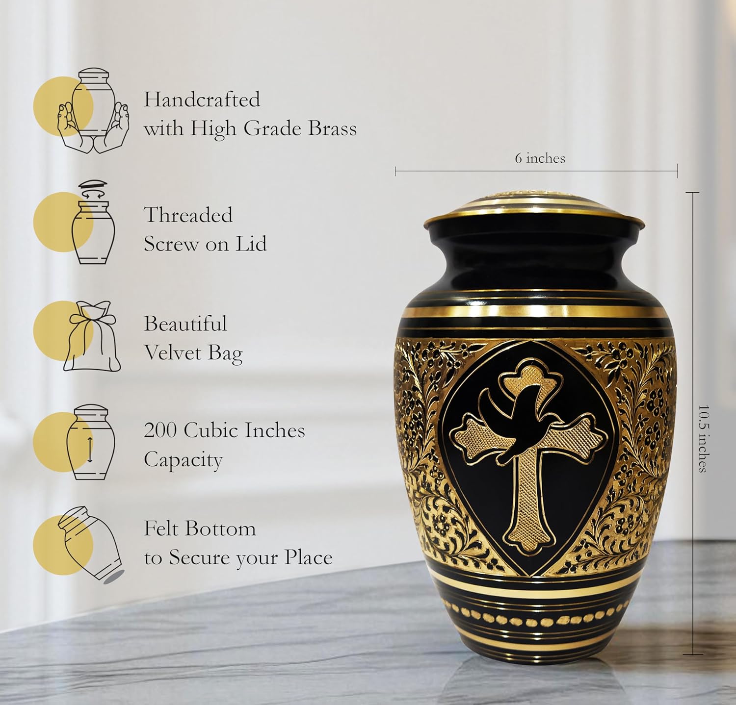 Gold Transcendent Cross Cremation Urn for Ashes Adult Male & Female, Funeral Cremation Urns for Human Ashes, Mom & Dad Urn, Decorative Urn for Man & Women, 10.5 Inches Height, (Black, Large)