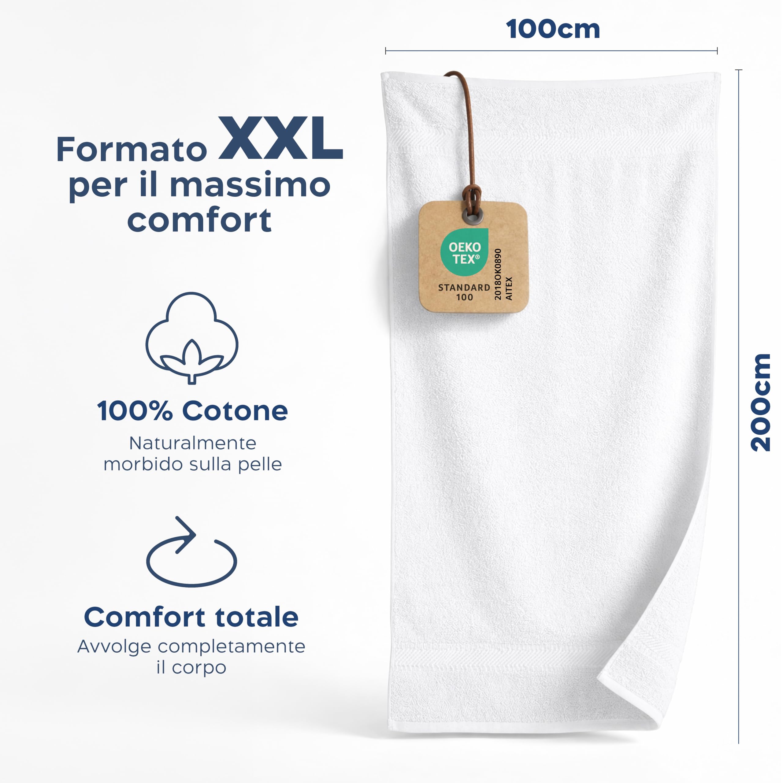 Twinzen Asciugamano Bagno Grande 100x200 cm – Telo Bagno e Telo Doccia Grande XXL in 100% Cotone, Assorbente e Morbido, Con Passante, Certificato OEKO-TEX, Bianco