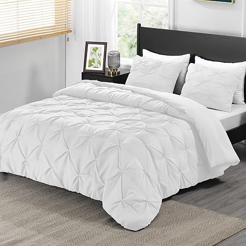 downluxe Pintuck - Juego de edredón tamaño King con 2 fundas de almohada, 3 piezas, juego de edredón blanco tamaño King para todas las estaciones,