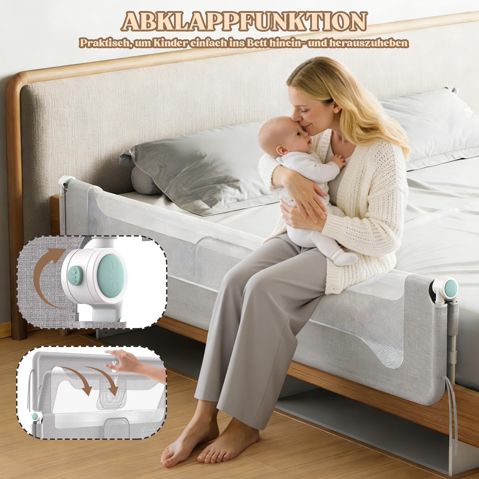 Protezione contro le cadute, letto a molle, 180 cm, griglia di protezione per il letto per neonati e bambini, protezione dalle cadute, pieghevole a 180°, regolabile in altezza, rete traspirante