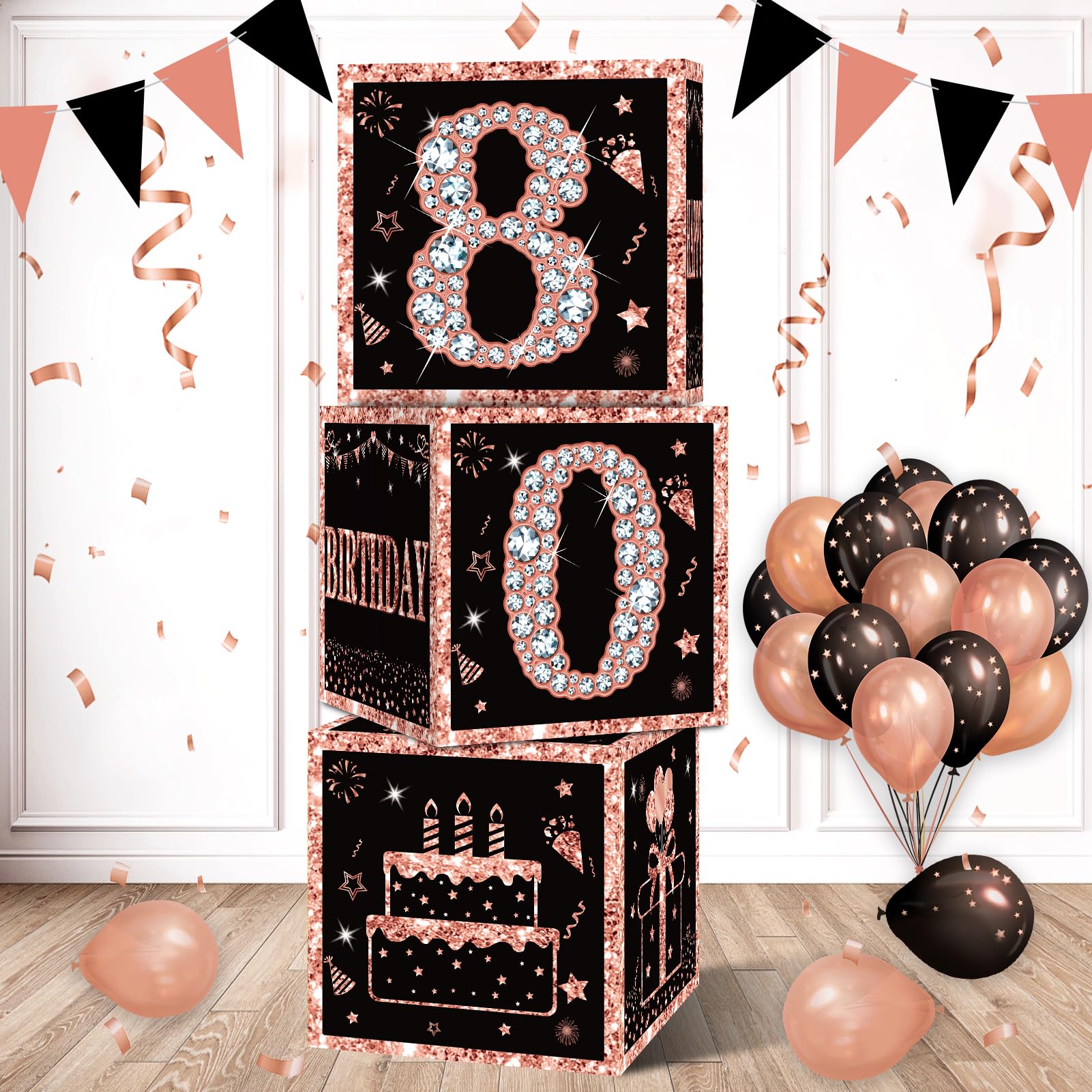 Eiurteao 3pcs 80th Birthday Decorations Boxes for Women, Rose Gold Happy 80 Birthday Balloons Boxes Party Supplies, Eighty Bday Theme Cardboard Box Decor