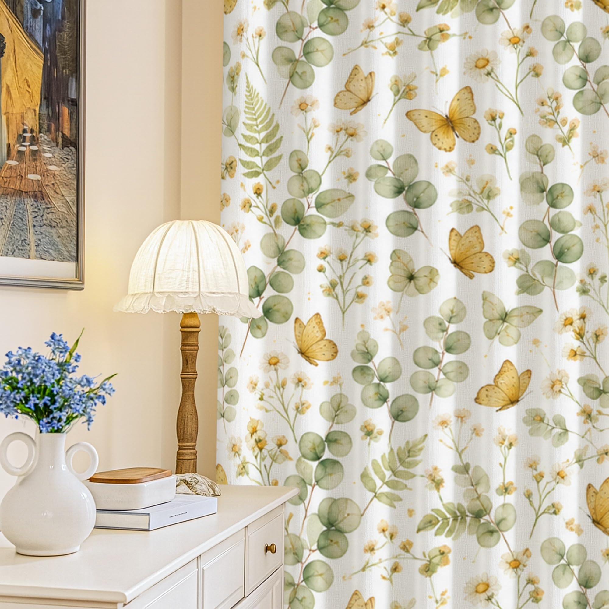Rideaux occultants motif papillon et eucalyptus jaune pour chambre enfant | 132x241 cm