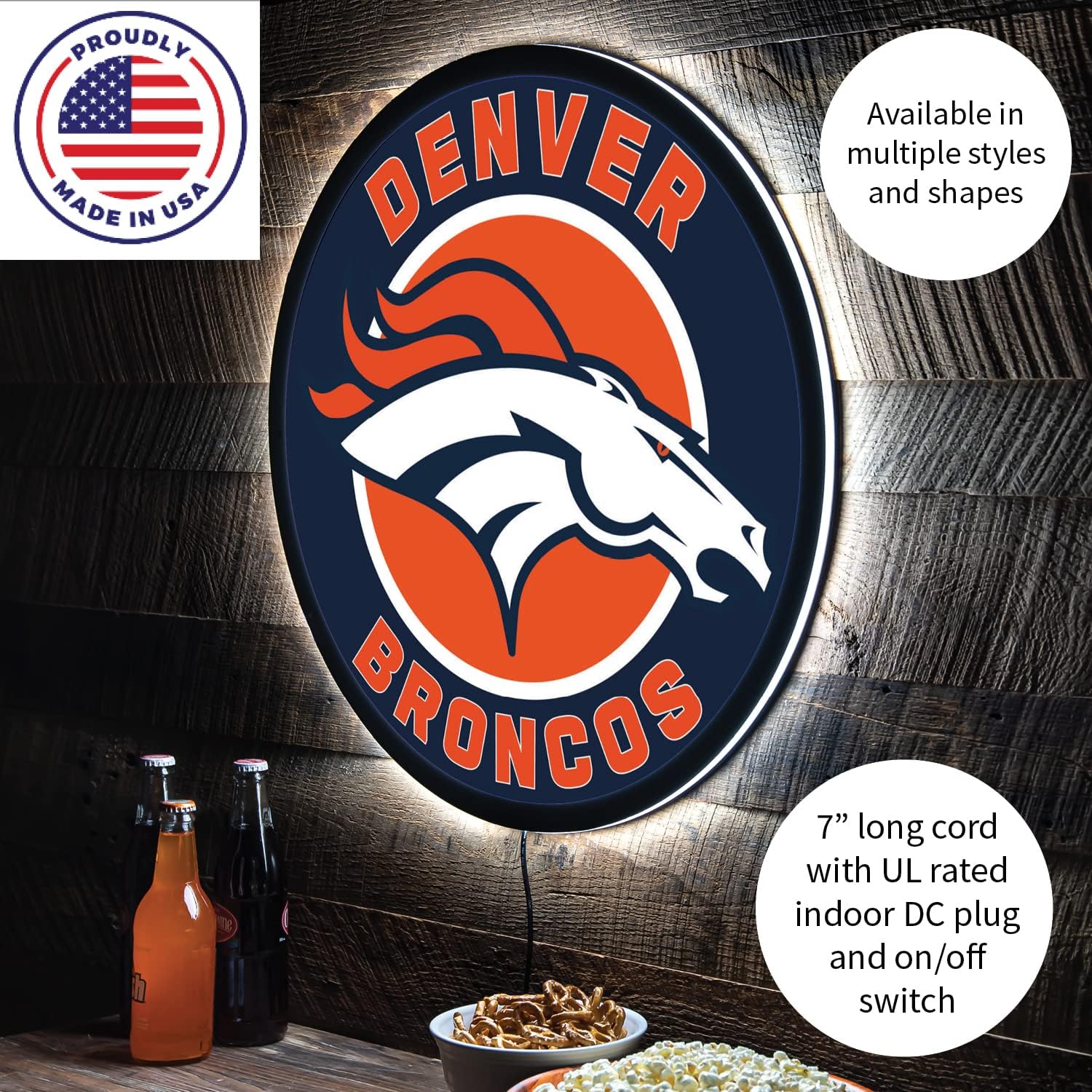 Team Sports America Evergreen NFL Denver Broncos | Ultra-Thin LED Light Wall Sign Decor | 23 Inch Round | Made in the USA - Image 5