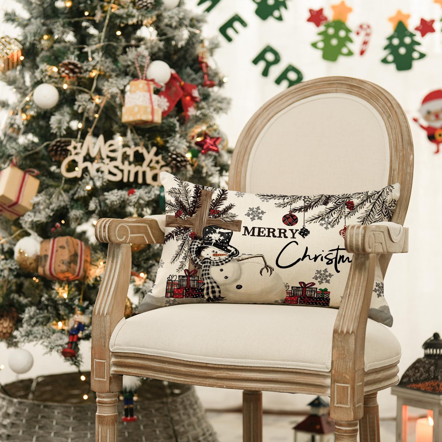 AVOIN colorlife Merry Christmas Eucalyptus Red Berries Throw Pillow Covers, 12 x 20 Inch Winter Holiday Cushion Case Decoration for Sofa Couch Set of 2