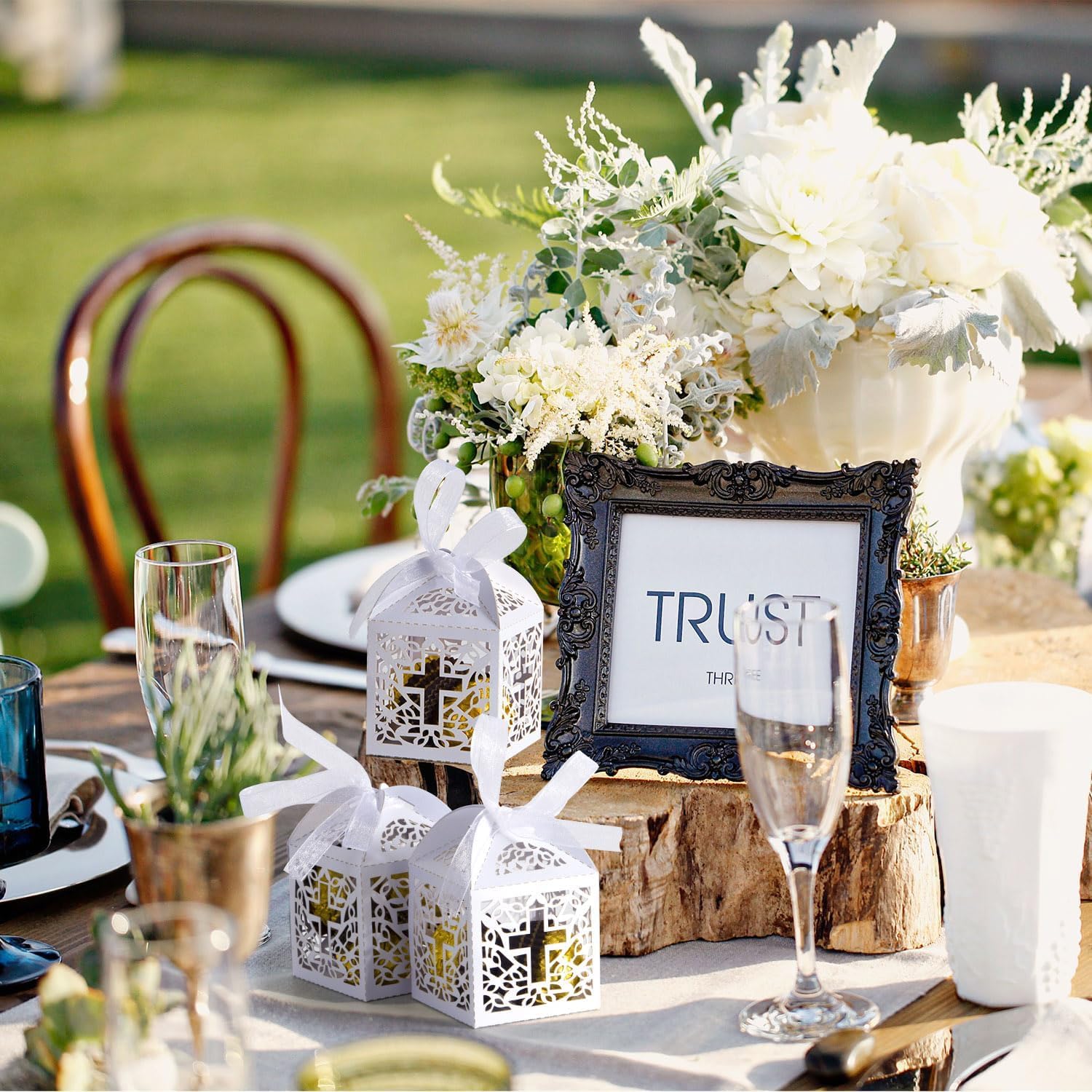 50PCS Baptism Favor Boxes, 2.2''x2.2''x2.2''Laser Cut Favor Boxes with 50 Ribbons for Baby Shower Favors Baptism Decorations First Communion Party (White) - Image 8