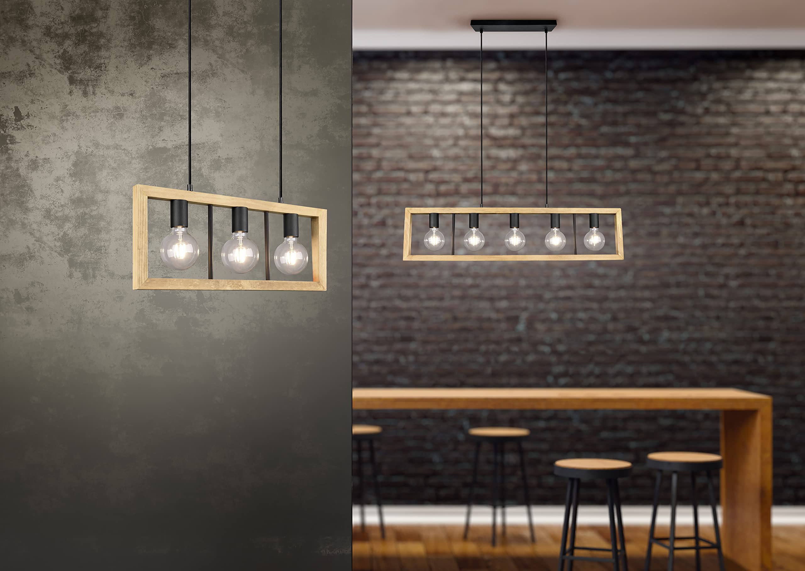 TRIO, Suspension, Agra 3xE27, max.10,0 W Bois naturel, couleur de bois, Corps: Métal, noir mat L:60,0cm, L:8,0cm, H:150,0cm IP20,Sans illuminant,Réglable en hauteur