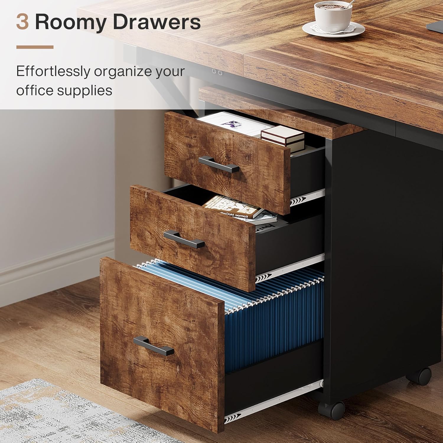 Triebsigns 3 Drawer File Cabinet, Vertical Mobile Filing Cabinet, Under Desk Rolling Printer Stand for Home Office, fits A4 or Letter Size (Brown)