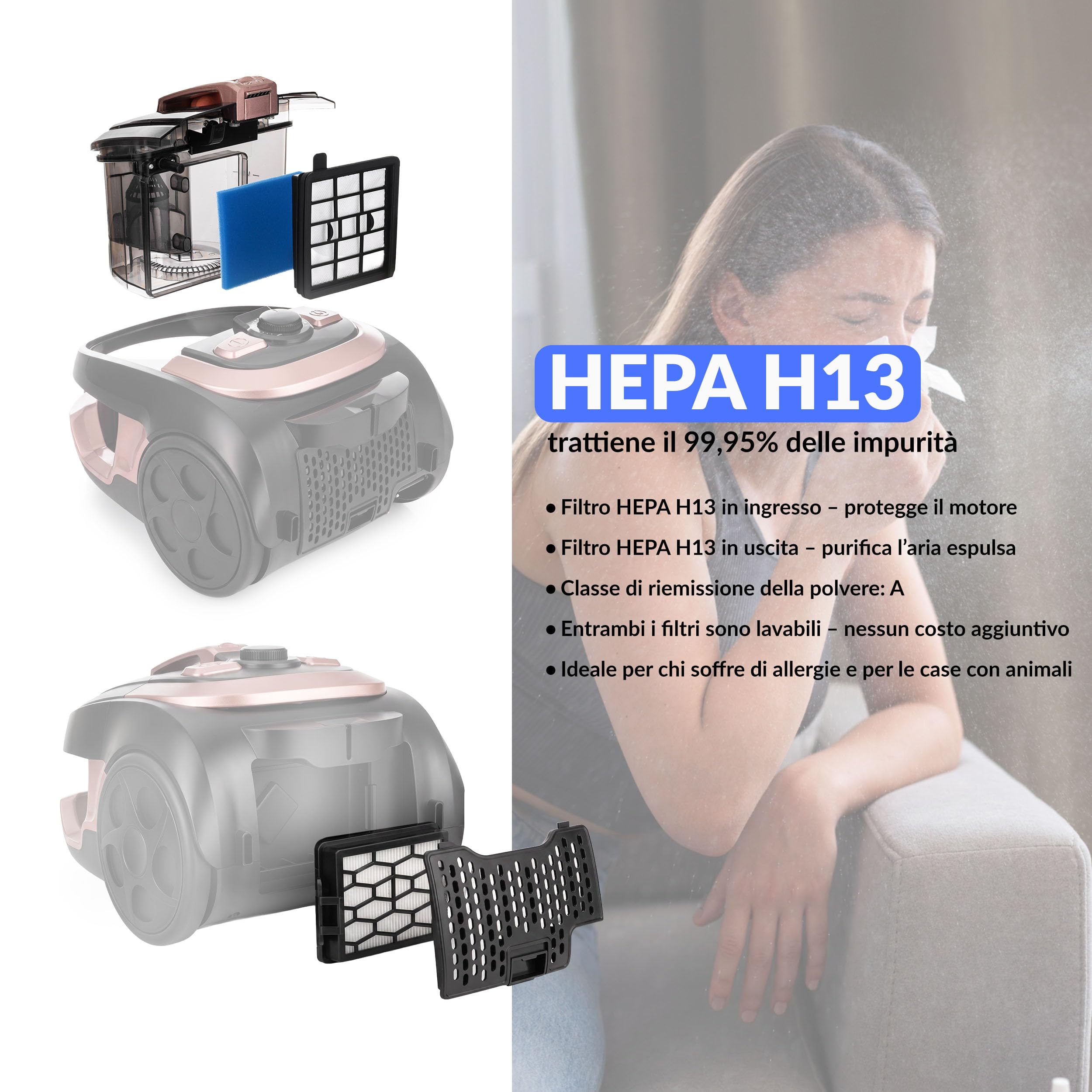 LEHMANN Aspirapolvere a Traino senza Sacco, Potente Tecnologia Ciclonica, Filtro HEPA Doppio, Capacità Serbatoio 2,5 L, Raggio d’azione 9 m, Set 5 Accessori con Spazzola Turbo per Peli Animali