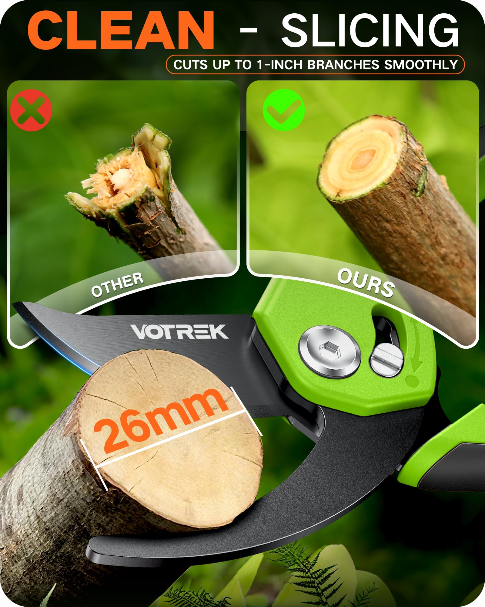 VOTREK Bypass Secateurs for Small Hands with Continuously Adjustable Grip, SK5 Steel Blade & Sealed Spring–21.5cm Professional Pruning Shears for Rose, Branch, Plant, Garden Pruner Scissor Hedge Shear — view 2